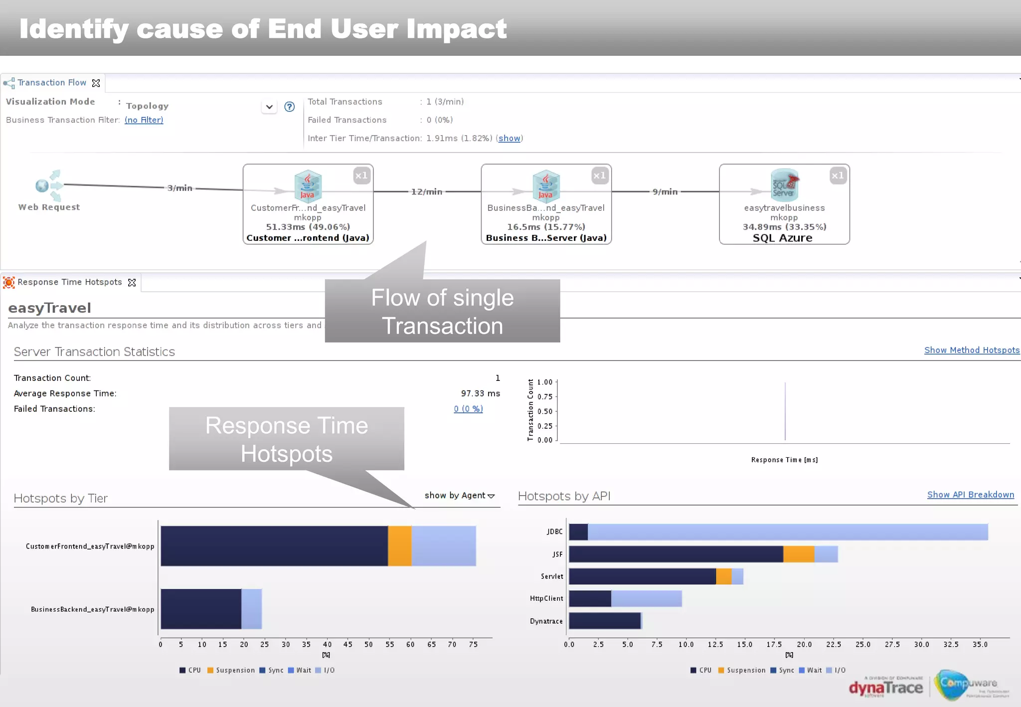 Identify cause of End User Impact




                            Flow of single
                             Transaction



            Response Time
              Hotspots
 