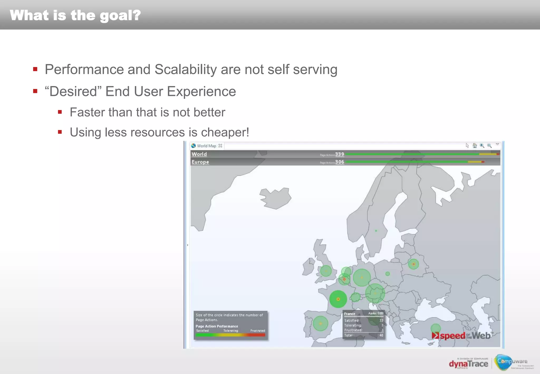 What is the goal?


   Performance and Scalability are not self serving
   “Desired” End User Experience
       Faster than that is not better
       Using less resources is cheaper!
 