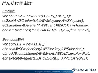 どんだけ簡単か
EC2操作
var ec2:EC2 = new EC2(EC2.US_EAST_1);
ec2.setAWSCredentials(AWSKey.key,AWSKey.sec);
ec2.addEventListener(AWSEvent.RESULT,awsHandler);
ec2.runInstances("ami-76f0061f",1,1,null,"m1.small");

Beanstalk操作
var ebt:EBT = new EBT();
ebt.setAWSCredentials(AWSKey.key,AWSKey.sec);
ebt.addEventListener(AWSEvent.RESULT,awsHandler);
ebt.executeRequest(EBT.DESCRIBE_APPLICATIONS);


                   Copyright (C) 2004-2010 CLASSMETHOD , Inc. All Rights Reserved
 
