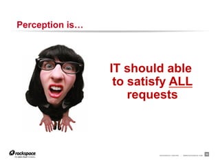 RACKSPACE® HOSTING | WWW.RACKSPACE.COM
Perception is…
IT should able
to satisfy ALL
requests
10
 