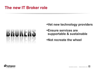 RACKSPACE® HOSTING | WWW.RACKSPACE.COM
The new IT Broker role
23
§ Vet new technology providers
§ Ensure services are
supportable & sustainable
§ Not recreate the wheel
 