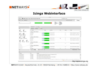 http://www.netways.de


                            Icinga Webinterface




                                                                               http://alpha.icinga.org

NETWAYS GmbH § Deutschherrnstr. 15-19 § 90429 Nürnberg § +49 911 92885-0 § http://www.netways.de
 