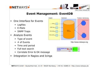 http://www.netways.de


                   Event Management: EventDB

§  One Interface for Events
    §  Logfiles
    §  E-Mails
    §  SNMP Traps
§  Analyze Events
    §  Type of event
    §  # of Events                                                         http://www.netways.org

    §  Time and period
    §  Full text search
    §  Correlate Error & OK message
§  Integration in Nagios and Icinga



NETWAYS GmbH § Deutschherrnstr. 15-19 § 90429 Nürnberg § +49 911 92885-0 § http://www.netways.de
 