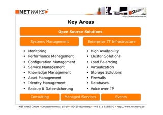 http://www.netways.de


                                       Key Areas
                               Open Source Solutions

         Systems Management                           Enterprise IT Infrastructure

   §  Monitoring                                    §  High Availability
   §  Performance Management                        §  Cluster Solutions
   §  Configuration Management                      §  Load Balancing
   §  Service Management                            §  Virtualization
   §  Knowledge Management                          §  Storage Solutions
   §  Asset Management                              §  Firewalls
   §  Identity Management                           §  Databases
   §  Backup & Datensicherung                       §  Voice over IP

         Consulting                 Managed Services                        Events

NETWAYS GmbH § Deutschherrnstr. 15-19 § 90429 Nürnberg § +49 911 92885-0 § http://www.netways.de
 