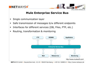 http://www.netways.de


                    Mule Enterprise Service Bus

§  Single communication layer
§  Safe transmission of messages b/w different endpoints
§  Interfaces for different services (DB, Files, FTP, etc.)
§  Routing, transformation & monitoring

                                   FTP             RDBMS                    Applikation




                                                   Enterprise Service Bus




                                          Mail         Webservice                   Monitoring

                                                                            http://www.mulesoft.com/
NETWAYS GmbH § Deutschherrnstr. 15-19 § 90429 Nürnberg § +49 911 92885-0 § http://www.netways.de
 