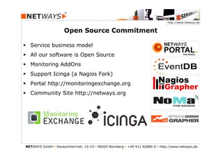 http://www.netways.de


                      Open Source Commitment

§  Service business model
§  All our software is Open Source
§  Monitoring AddOns
§  Support Icinga (a Nagios Fork)
§  Portal http://monitoringexchange.org
§  Community Site http://netways.org




NETWAYS GmbH § Deutschherrnstr. 15-19 § 90429 Nürnberg § +49 911 92885-0 § http://www.netways.de
 