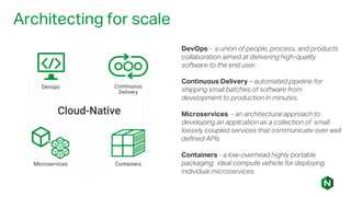 Architecting for scale
DevOps - a union of people, process, and products
collaboration aimed at delivering high-quality
software to the end user.
Continuous Delivery – automated pipeline for
shipping small batches of software from
development to production in minutes.
Microservices - an architectural approach to
developing an application as a collection of small
loosely coupled services that communicate over well
defined APIs
Containers - a low-overhead highly portable
packaging; ideal compute vehicle for deploying
individual microservices.
 