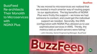 BuzzFeed
Re-architects
Their Monolith
to Microservices
with
NGINX Plus
“As we moved to microservices we realized that
we needed a much smarter way of routing pages
to our applications. The big benefits of NGINX
Plus were firstly the support – we knew we had
someone to contact, and could get the individual
support we needed. Secondly, the DNS
configuration with NGINX Plus allowed us to use
sophisticated services in AWS. Thirdly, the
metrics told us which servers were failing.”
- John Cleveley, Senior Engineering Manager, BuzzFeed
 