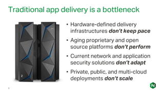 Traditional app delivery is a bottleneck
• Hardware-defined delivery
infrastructures don’t keep pace
• Aging proprietary and open
source platforms don’t perform
• Current network and application
security solutions don’t adapt
• Private, public, and multi-cloud
deployments don’t scale
8
 