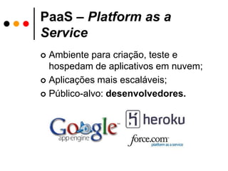 Uma arquitetura em nuvem é muito mais que apenas um conjunto de computadores. Ela deve dispor de uma infraestruturapara gerenciamento, que inclua funções como provisionamento de recursos computacionais, balanceamento dinâmico do workload e monitoração do desempenho.Cloud Computing