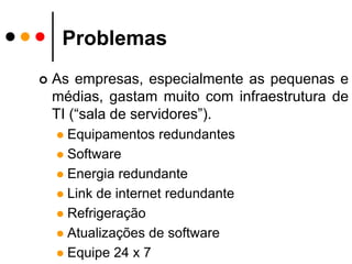 ProblemasAs empresas, especialmente as pequenas e médias, gastam muito com infraestrutura de TI (“sala de servidores”).Equipamentos redundantesSoftwareEnergia redundanteLink de internet redundanteRefrigeraçãoAtualizações de softwareEquipe 24 x 7