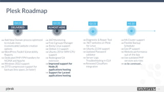 13
Plesk Roadmap
Q2 22
Q4 21 Q1 22
→ Diagnostic & Repair Tool
→ .NET websites on Plesk
for Linux
→ Ubuntu 22.04 support
→ Updated Password
validator
→ Server Logs
Troubleshooting in GUI
→ Renewed Cloudﬂare
integration
H2 22
→ HA Cluster support
→ Flexible Backup
Scheduler
→ Geo IP support
→ Website performance
out-of-the-box
→ Use outdated PHP
versions w/o risks
→ to be continued...
DELIVERED ALMOST HERE
→ Add New Domain process optimized
to include more
(customizable) website creation
options
→ WordPress Toolkit Vulnerability
Reports
→ Dedicated PHP-FPM handlers for
NGINX and Apache
→ Windows 2022 support
→ ZSTD compression support for
backups (less space, 2x faster)
→ 360 Monitoring  
→ Free Cgroups Manager
→ Rocky Linux support
→ Debian 11 support
→ Ubuntu 20 for ARM CPU
support
→ Redesigned Git
extension
→ Improved support for
Node.JS
applications hosting 
→ Support for Laravel
applications hosting
 