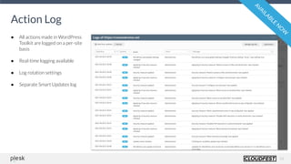 14
Action Log
AVAILABLE
N
O
W
● All actions made in WordPress
Toolkit are logged on a per-site
basis
● Real-time logging available
● Log rotation settings
● Separate Smart Updates log
 