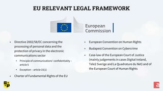 • European Convention on Human Rights
• Budapest Convention on Cybercrime
• Case-law of the European Court of Justice
(mainly judgements in cases Digital Ireland,
Tele2 Sverige and La Quadrature du Net) and of
the European Court of Human Rights
EU RELEVANT LEGAL FRAMEWORK
• Directive 2002/58/EC concerning the
processing of personal data and the
protection of privacy in the electronic
communications sector
• Principle of communications’ confidentiality –
article 5
• Exception – article 15(1)
• Charter of Fundamental Rights of the EU
 