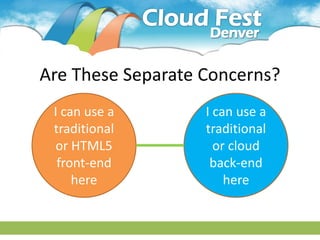 Are These Separate Concerns?
 I can use a       I can use a
 traditional       traditional
 or HTML5            or cloud
  front-end         back-end
     here              here
 