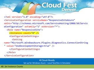 <?xml version="1.0" encoding="utf-8"?>
   <ServiceConfiguration serviceName="ResponsiveSiteAzure"
   xmlns="http://schemas.microsoft.com/ServiceHosting/2008/10/Servic
   eConfiguration" osFamily="1" osVersion="*">
     <Role name="ResponsiveSite">
       <Instances count="4" />
       <ConfigurationSettings>
         <Setting
   name="Microsoft.WindowsAzure.Plugins.Diagnostics.ConnectionString
   " value="UseDevelopmentStorage=true" />
       </ConfigurationSettings>
     </Role>
   </ServiceConfiguration>

                                            4 Cloud-Ready
                          Set up for Windows Azure – Local Test/Dev in Simulator
4B. Set Instance Counts
 