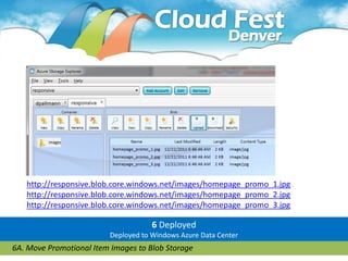 http://responsive.blob.core.windows.net/images/homepage_promo_1.jpg
   http://responsive.blob.core.windows.net/images/homepage_promo_2.jpg
   http://responsive.blob.core.windows.net/images/homepage_promo_3.jpg

                                     6 Deployed
                         Deployed to Windows Azure Data Center
6A. Move Promotional Item Images to Blob Storage
 
