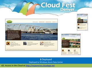6 Deployed
                             Deployed to Windows Azure Data Center
6D. Access in the Cloud at http://responsive.cloudapp.net
 