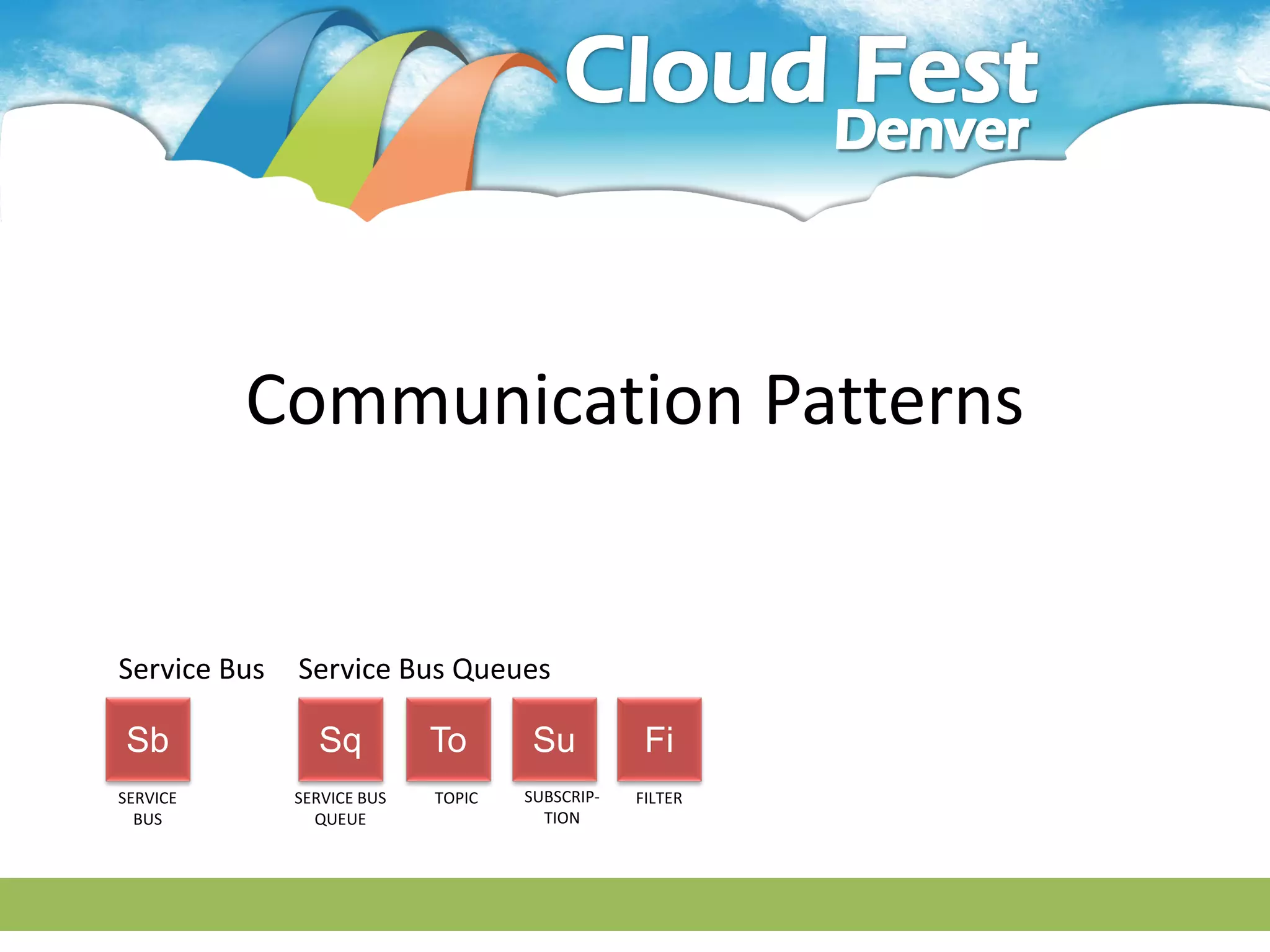 Communication Patterns


Service Bus   Service Bus Queues

Sb              Sq          To      Su           Fi
SERVICE       SERVICE BUS   TOPIC   SUBSCRIP-   FILTER
  BUS           QUEUE                 TION
 