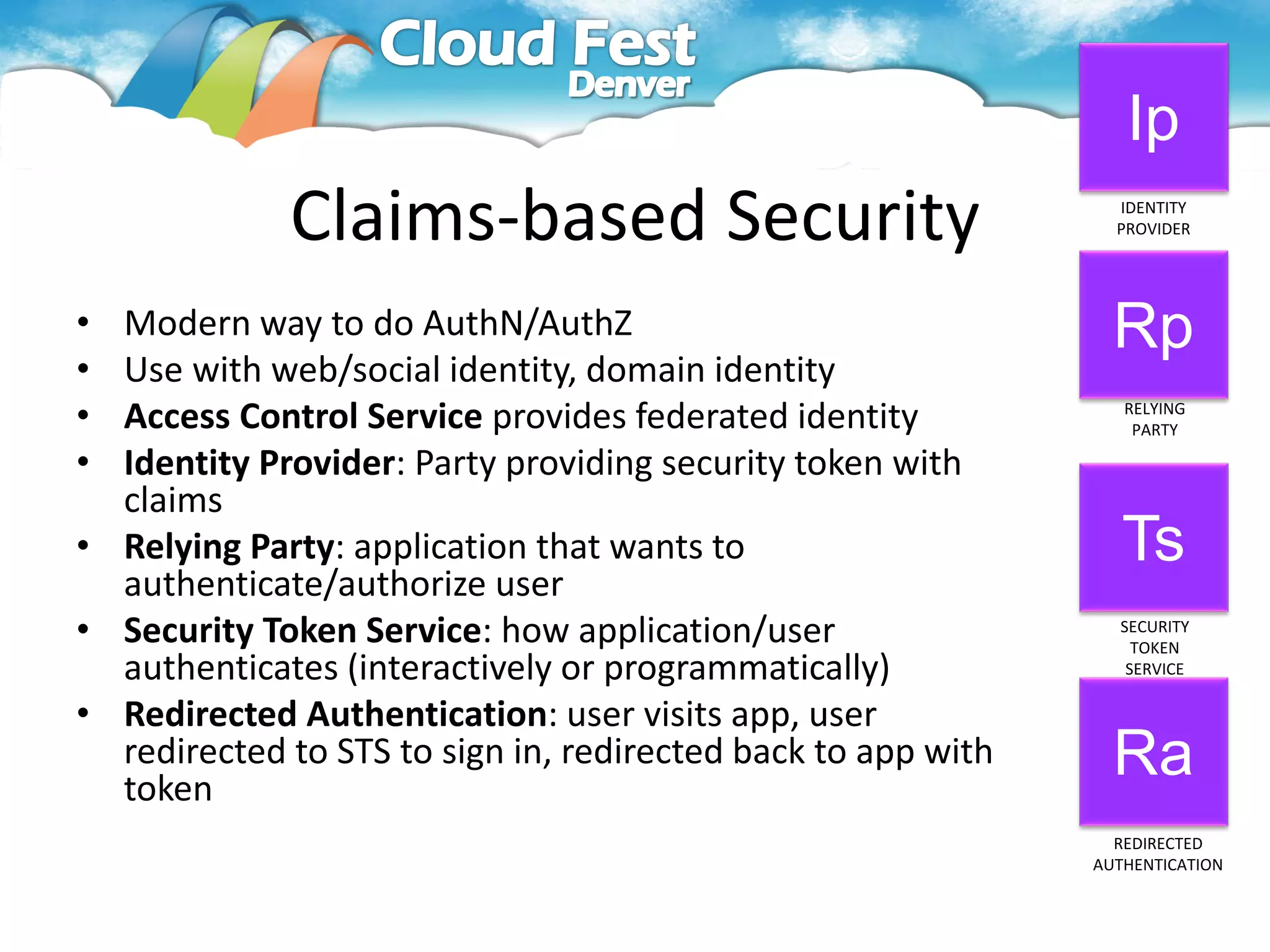 Ip
             Claims-based Security                              IDENTITY
                                                                PROVIDER




• Modern way to do AuthN/AuthZ                                  Rp
• Use with web/social identity, domain identity
• Access Control Service provides federated identity             RELYING
                                                                  PARTY

• Identity Provider: Party providing security token with
  claims
• Relying Party: application that wants to                       Ts
  authenticate/authorize user
• Security Token Service: how application/user                  SECURITY
                                                                  TOKEN
  authenticates (interactively or programmatically)              SERVICE

• Redirected Authentication: user visits app, user
  redirected to STS to sign in, redirected back to app with     Ra
  token
                                                                REDIRECTED
                                                              AUTHENTICATION
 
