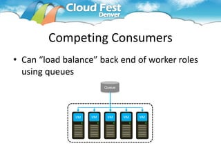 Competing Consumers
• Can “load balance” back end of worker roles
  using queues
                       Queue




                    Worker Role
 