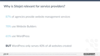 2
Why is Sitejet relevant for service providers?
87% of agencies provide website management services
70% use Website Builders
61% use WordPress
BUT WordPress only serves 40% of all websites created
SOURCE: We surveyed and interviewed 300 agencies in North America, Australia, Europe, and Asia. Qualitative interviews (50 in-person, 2-hour conversations) & Quantitative survey (92 questions, 266 respondents)
 