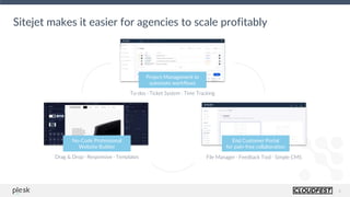 6
Sitejet makes it easier for agencies to scale profitably
Project Management to
automate workflows
No-Code Professional
Website Builder
End Customer Portal
for pain-free collaboration
To-dos ᐧ Ticket System ᐧ Time Tracking
Drag & Drop ᐧ Responsive ᐧ Templates File Manager ᐧ Feedback Tool ᐧ Simple CMS
 