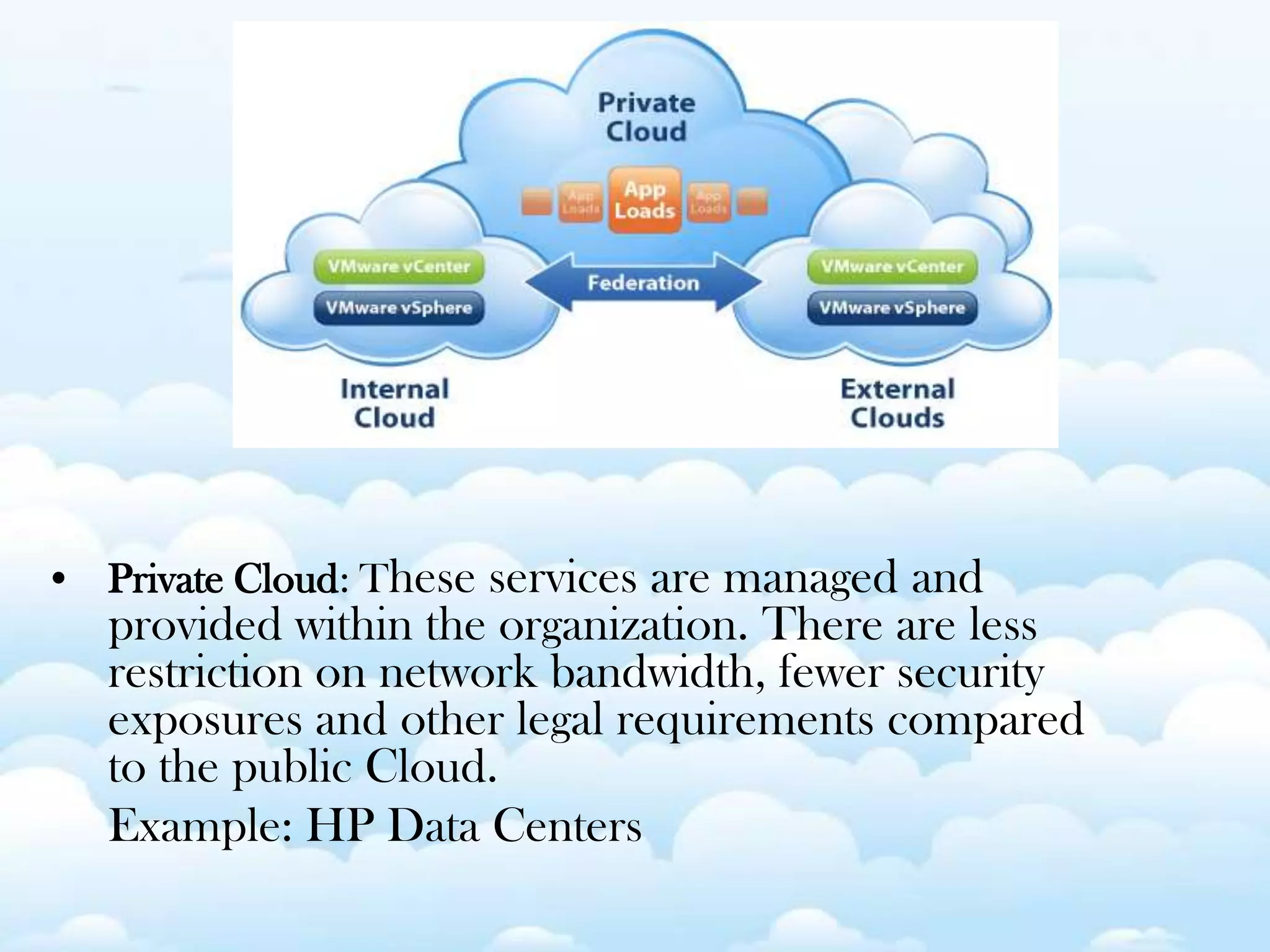 • Private Cloud: These services are managed and
provided within the organization. There are less
restriction on network bandwidth, fewer security
exposures and other legal requirements compared
to the public Cloud.
Example: HP Data Centers
 