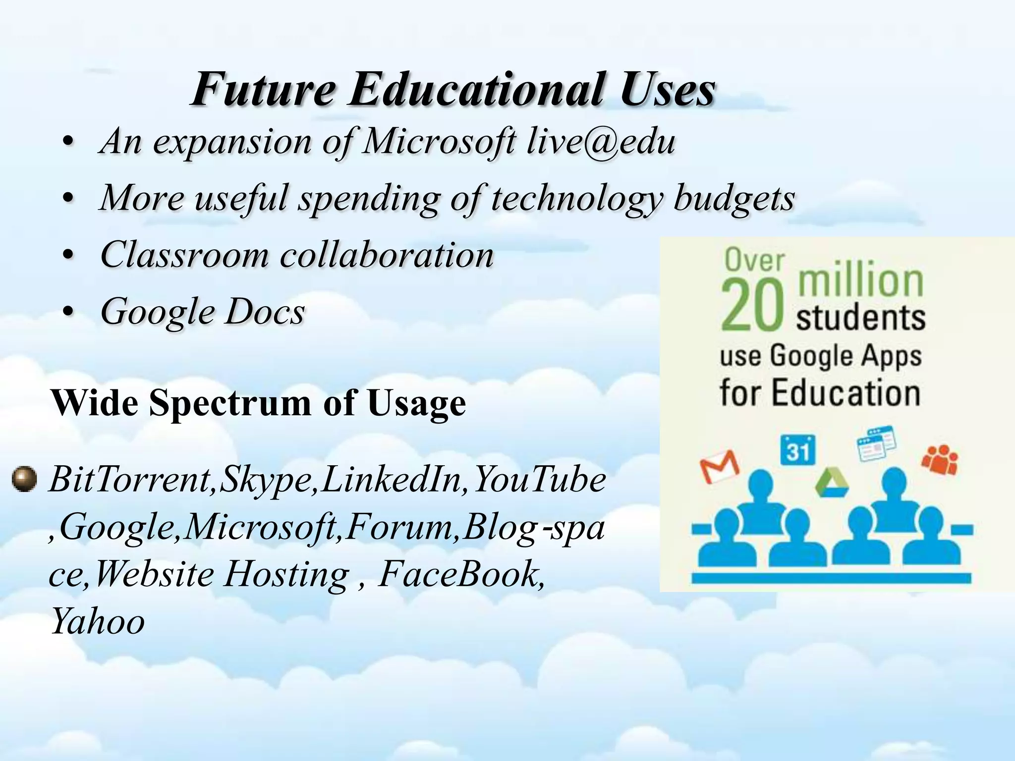 Future Educational Uses
• An expansion of Microsoft live@edu
• More useful spending of technology budgets
• Classroom collaboration
• Google Docs
Wide Spectrum of Usage
BitTorrent,Skype,LinkedIn,YouTube
,Google,Microsoft,Forum,Blog‐spa
ce,Website Hosting , FaceBook,
Yahoo
 