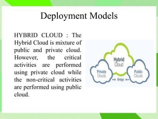 Deployment Models
HYBRID CLOUD : The
Hybrid Cloud is mixture of
public and private cloud.
However, the critical
activities are performed
using private cloud while
the non-critical activities
are performed using public
cloud.
 