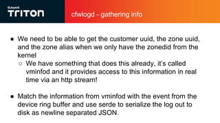 cfwlogd - gathering info
● We need to be able to get the customer uuid, the zone uuid,
and the zone alias when we only have the zonedid from the
kernel
○ We have something that does this already, it’s called
vminfod and it provides access to this information in real
time via an http stream!
● Match the information from vminfod with the event from the
device ring buffer and use serde to serialize the log out to
disk as newline separated JSON.
 