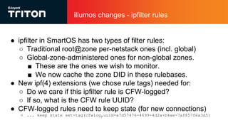 illumos changes - ipfilter rules
● ipfilter in SmartOS has two types of filter rules:
○ Traditional root@zone per-netstack ones (incl. global)
○ Global-zone-administered ones for non-global zones.
■ These are the ones we wish to monitor.
■ We now cache the zone DID in these rulebases.
● New ipf(4) extensions (we chose rule tags) needed for:
○ Do we care if this ipfilter rule is CFW-logged?
○ If so, what is the CFW rule UUID?
● CFW-logged rules need to keep state (for new connections)
○ ... keep state set-tag(cfwlog,uuid=a7d57476-4699-4d2a-b4ae-7af857fea3d5)
 