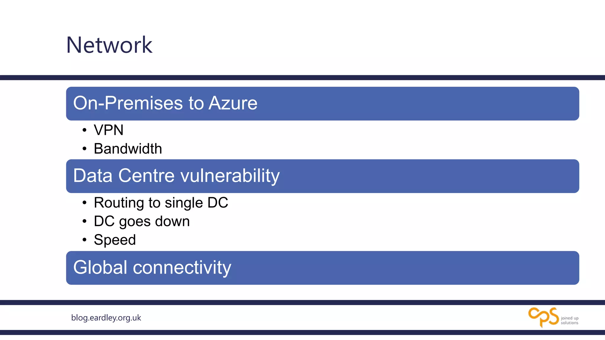 blog.eardley.org.uk
Network
On-Premises to Azure
• VPN
• Bandwidth
Data Centre vulnerability
• Routing to single DC
• DC goes down
• Speed
Global connectivity
 