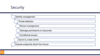 Security
Identity management
Threat detection
Device management
Manage permissions to resources
Conditional access
Azure is a data centre
Expose endpoints direct from Azure
 