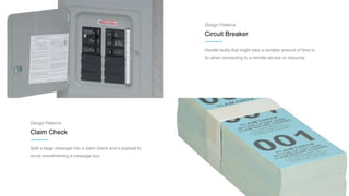 Design Patterns
Circuit Breaker
Handle faults that might take a variable amount of time to
fix when connecting to a remote service or resource.
Design Patterns
Claim Check
Split a large message into a claim check and a payload to
avoid overwhelming a message bus.
 