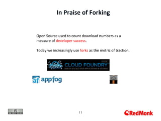In Praise of Forking


Open Source used to count download numbers as a
measure of developer success.

Today we increasingly use forks as the metric of traction.




                          11
 