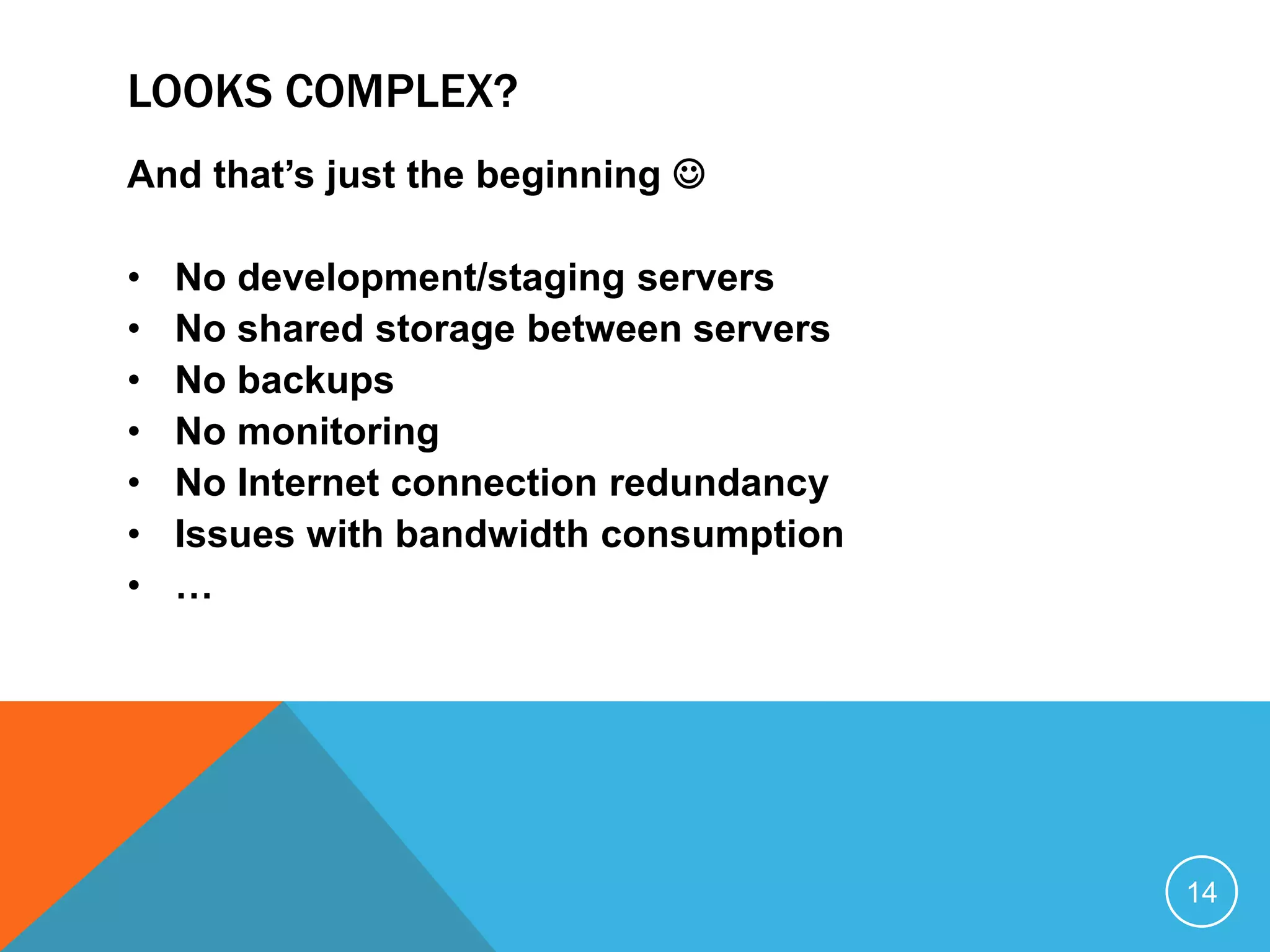 LOOKS COMPLEX?
And that’s just the beginning 
• No development/staging servers
• No shared storage between servers
• No backups
• No monitoring
• No Internet connection redundancy
• Issues with bandwidth consumption
• …
14
 