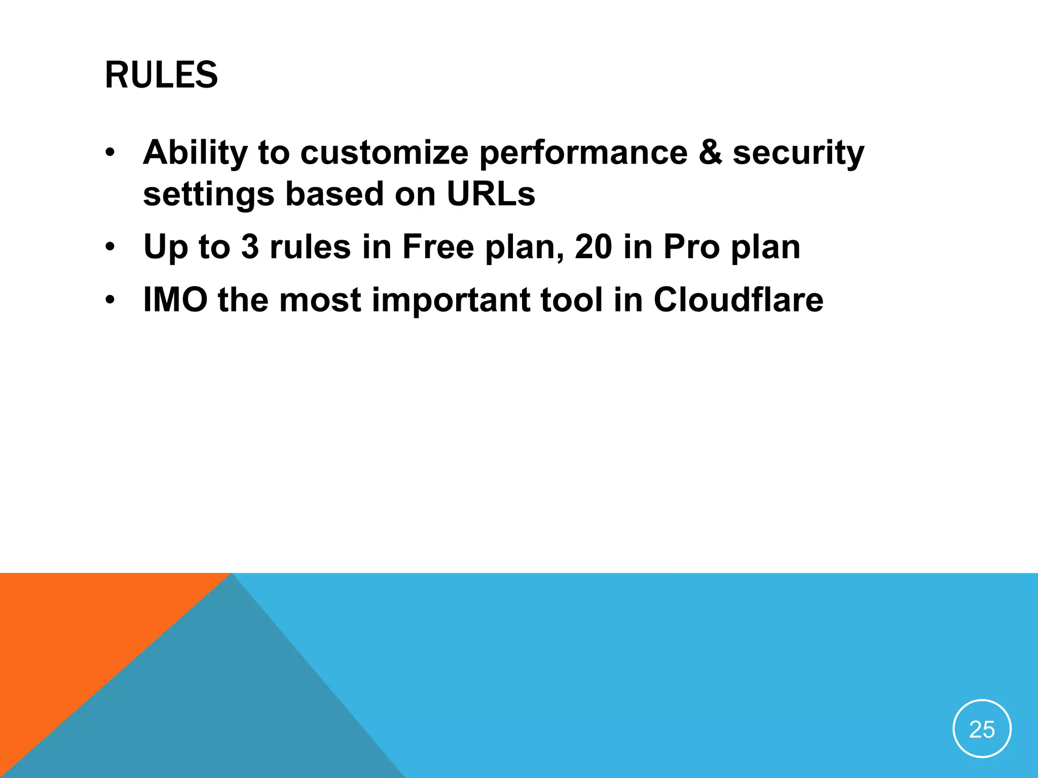 RULES
• Ability to customize performance & security
settings based on URLs
• Up to 3 rules in Free plan, 20 in Pro plan
• IMO the most important tool in Cloudflare
25
 