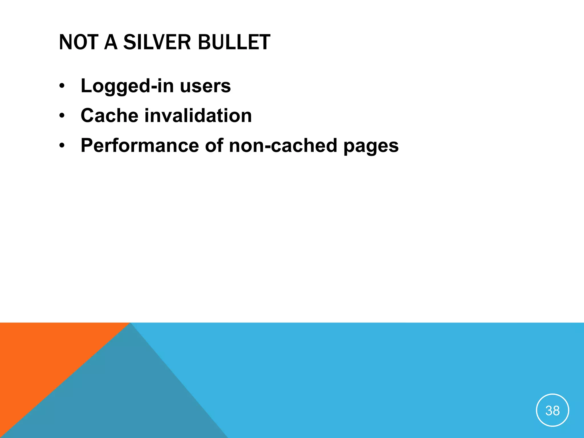 NOT A SILVER BULLET
• Logged-in users
• Cache invalidation
• Performance of non-cached pages
38
 