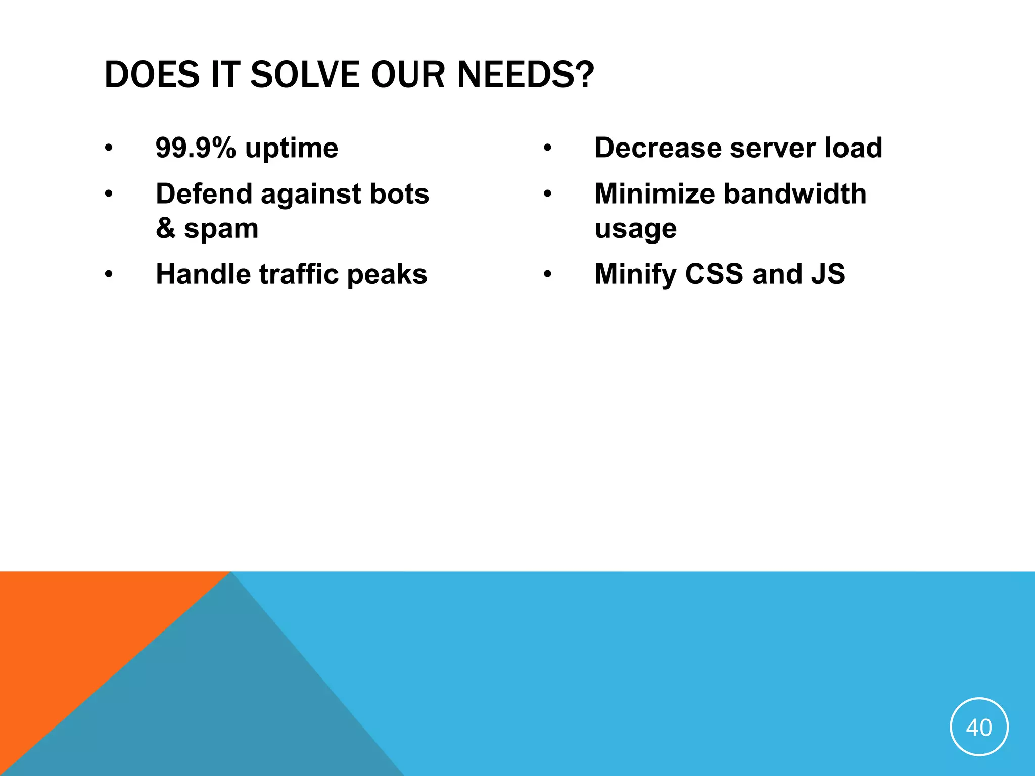 • 99.9% uptime
• Defend against bots
& spam
• Handle traffic peaks
• Decrease server load
• Minimize bandwidth
usage
• Minify CSS and JS
DOES IT SOLVE OUR NEEDS?
40
 