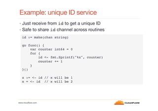 Example: unique ID service
•  Just receive from id to get a unique ID
•  Safe to share id channel across routines
id := make(chan string)!
!
go func() {!
var counter int64 = 0!
for {!
id <- fmt.Sprintf("%x", counter)!
counter += 1!
}!
}()!
!
x := <- id // x will be 1!
x = <- id // x will be 2!

www.cloudﬂare.com!

 