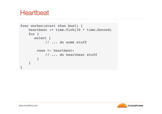Heartbeat
func worker(start chan bool) {!
heartbeat := time.Tick(30 * time.Second)!
for {!
!select {!
// ... do some stuff!
!
case <- heartbeat:!
// ... do heartbeat stuff!
}!
}!
}!

www.cloudﬂare.com!

 