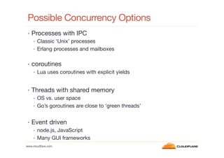 Possible Concurrency Options
•  Processes with IPC
•  Classic ‘Unix’ processes
•  Erlang processes and mailboxes

•  coroutines
•  Lua uses coroutines with explicit yields


•  Threads with shared memory
•  OS vs. user space
•  Go’s goroutines are close to ‘green threads’
•  Event driven
•  node.js, JavaScript
•  Many GUI frameworks
www.cloudﬂare.com!




 