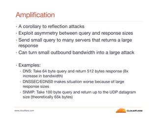 Ampliﬁcation
•  A corollary to reﬂection attacks
•  Exploit asymmetry between query and response sizes
•  Send small query to many servers that returns a large

response
•  Can turn small outbound bandwidth into a large attack

•  Examples:
•  DNS: Take 64 byte query and return 512 bytes response (8x

increase in bandwidth)
•  DNSSEC/EDNS0 makes situation worse because of large
response sizes
•  SNMP: Take 100 byte query and return up to the UDP datagram
size (theoretically 65k bytes)

www.cloudﬂare.com!

 