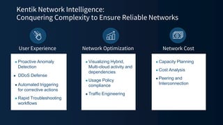 Kentik Network Intelligence:
Conquering Complexity to Ensure Reliable Networks
● Proactive Anomaly
Detection
● DDoS Defense
● Automated triggering
for corrective actions
● Rapid Troubleshooting
workflows
User Experience
● Capacity Planning
● Cost Analysis
● Peering and
Interconnection
Network Cost
● Visualizing Hybrid,
Multi-cloud activity and
dependencies
● Usage Policy
compliance
● Traffic Engineering
Network Optimization
 