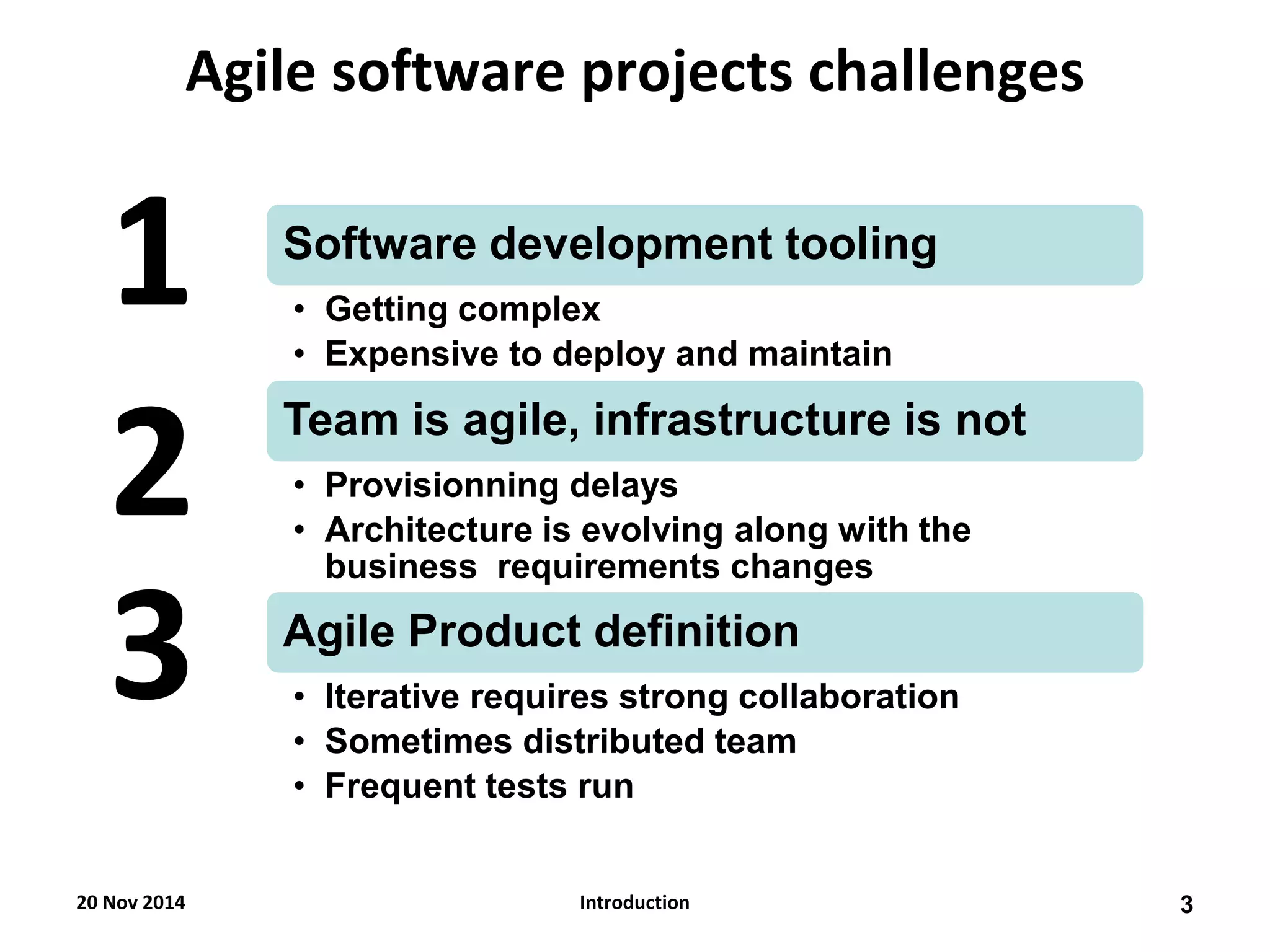 Agile software projects challenges 
Software development tooling 
•Getting complex 
•Expensive to deploy and maintain 
Team is agile, infrastructure is not 
•Provisionning delays 
•Architecture is evolving along with the business requirements changes 
Agile Product definition 
•Iterative requires strong collaboration 
•Sometimes distributed team 
•Frequent tests run 
1 
2 
3 
20 Nov 2014 
3 
Introduction  