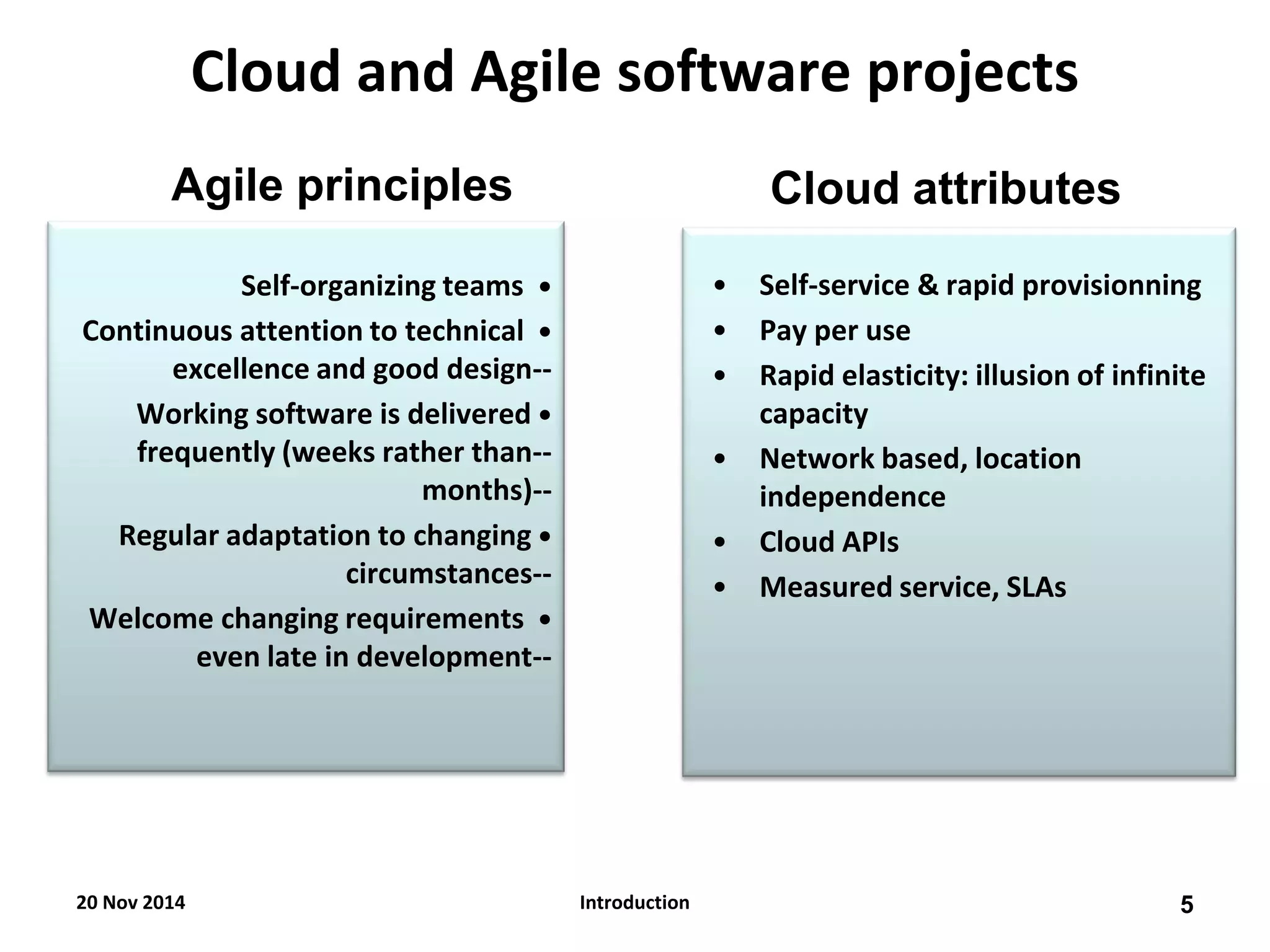 Cloud attributes 
•Self-service & rapid provisionning 
•Pay per use 
•Rapid elasticity: illusion of infinite capacity 
•Network based, location independence 
•Cloud APIs 
•Measured service, SLAs 
Cloud and Agile software projects 
Self-organizing teams • 
Continuous attention to technical • excellence and good design-- 
Working software is delivered • frequently (weeks rather than-- months)-- 
Regular adaptation to changing • circumstances-- 
Welcome changing requirements • even late in development-- 
Agile principles 
20 Nov 2014 
5 
Introduction  