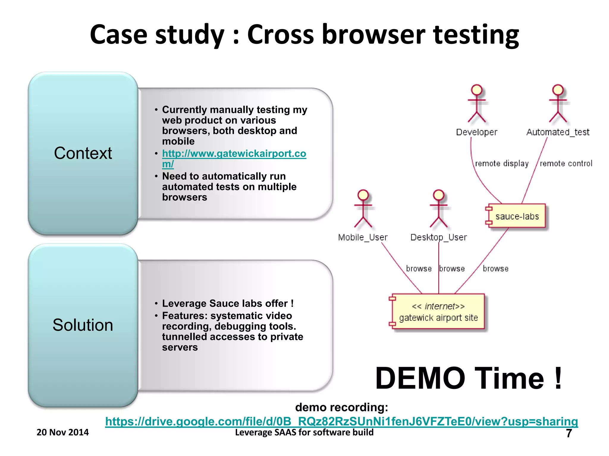 Case study : Cross browser testing 
•Currently manually testing my web product on various browsers, both desktop and mobile 
•http://www.gatewickairport.com/ 
•Need to automatically run automated tests on multiple browsers 
Context 
•Leverage Sauce labs offer ! 
•Features: systematic video recording, debugging tools. tunnelled accesses to private servers 
Solution 
DEMO Time ! 
20 Nov 2014 
7 
Leverage SAAS for software build 
demo recording: https://drive.google.com/file/d/0B_RQz82RzSUnNi1fenJ6VFZTeE0/view?usp=sharing  