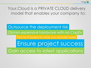 Your.Cloud is a PRIVATE CLOUD delivery
model that enables your company to;
Outsource the deployment risk
Obtain expensive hardware with no CapEx
Pay for IT based on what you actually need
Ensure project success
Gain access to latest applications
 