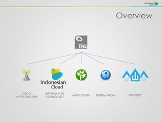 Overview
TELCO
INFRASTRUCTURE
INFORMATION
TECHNOLOGY
AGRICULTURE DIGITAL MEDIA PROPERTY
 